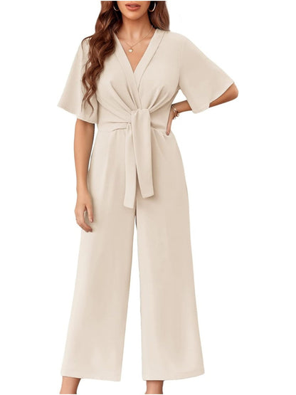 Short Sleeve Tie Knot Front Wide Leg Jumpsuits