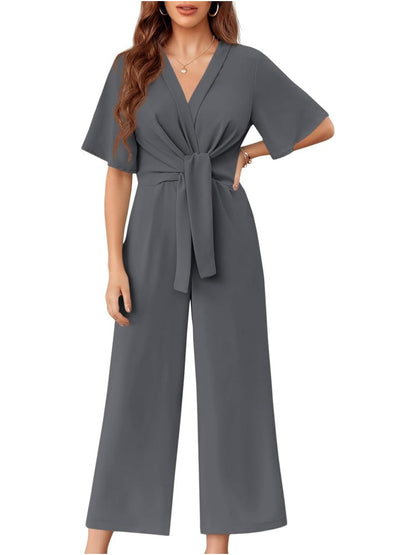 Short Sleeve Tie Knot Front Wide Leg Jumpsuits