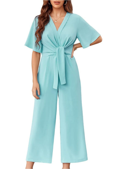 Short Sleeve Tie Knot Front Wide Leg Jumpsuits