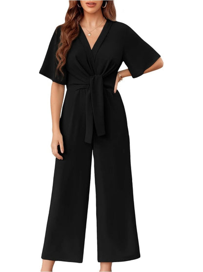 Short Sleeve Tie Knot Front Wide Leg Jumpsuits