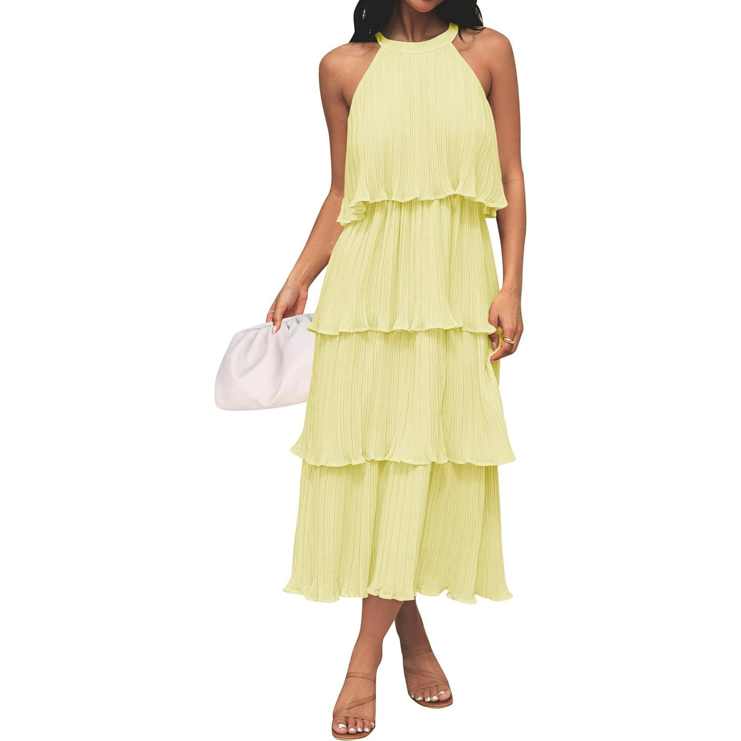 Sleeveless Halter Neck Ruffle Tiered Layered Chiffon Flowy Swing Long Midi Dress