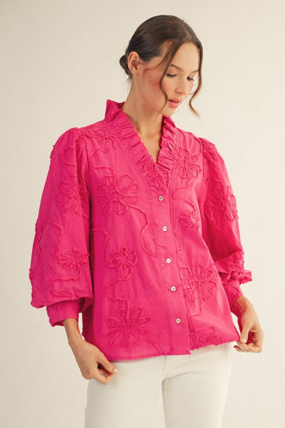 Button Down 3d Floral Top