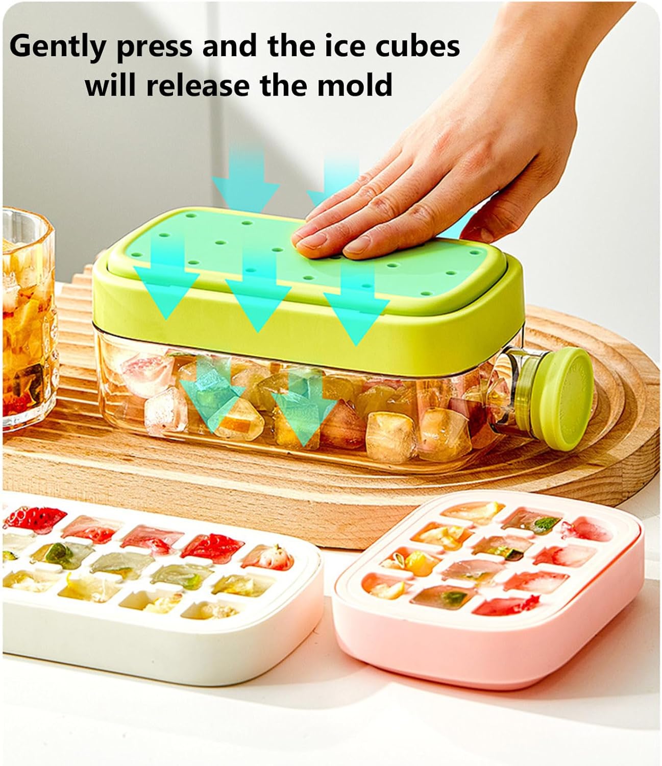 Ice cube tray, ice maker, straw cup, press-to-release ice curling