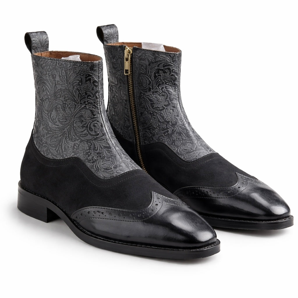 EMBOSSED LEATHER & SUEDE CHELSEA BOOTS