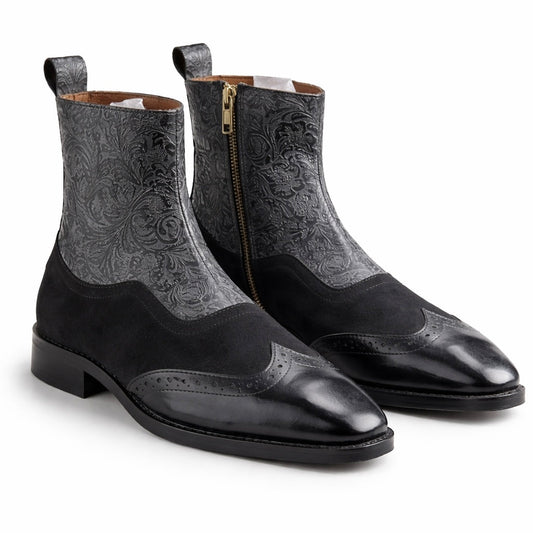 EMBOSSED LEATHER & SUEDE CHELSEA BOOTS