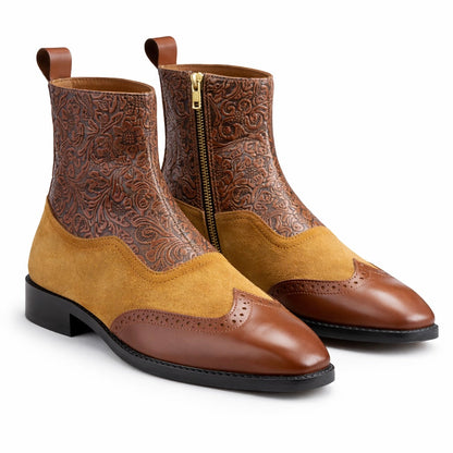 EMBOSSED LEATHER & SUEDE CHELSEA BOOTS