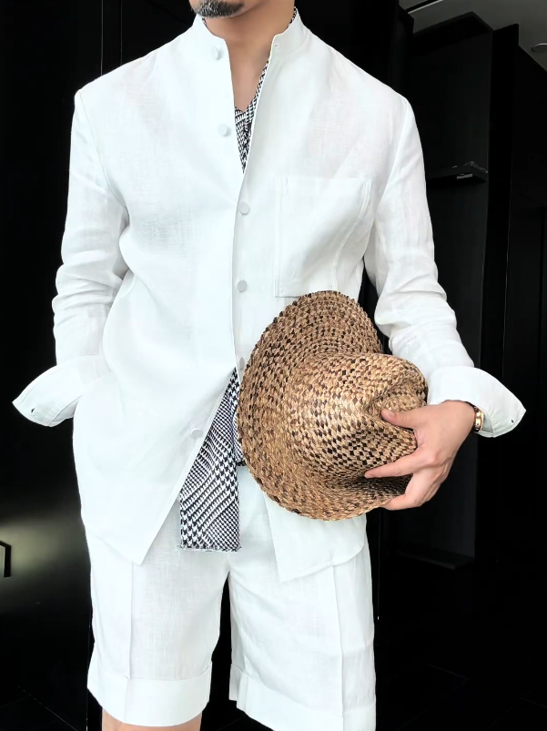 Premium Linen Mandarin Collar 2-Piece Suit