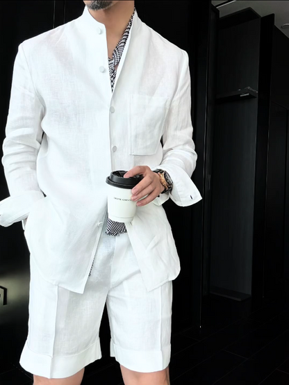 Premium Linen Mandarin Collar 2-Piece Suit