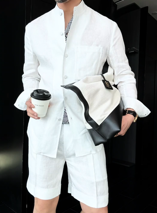 Premium Linen Mandarin Collar 2-Piece Suit