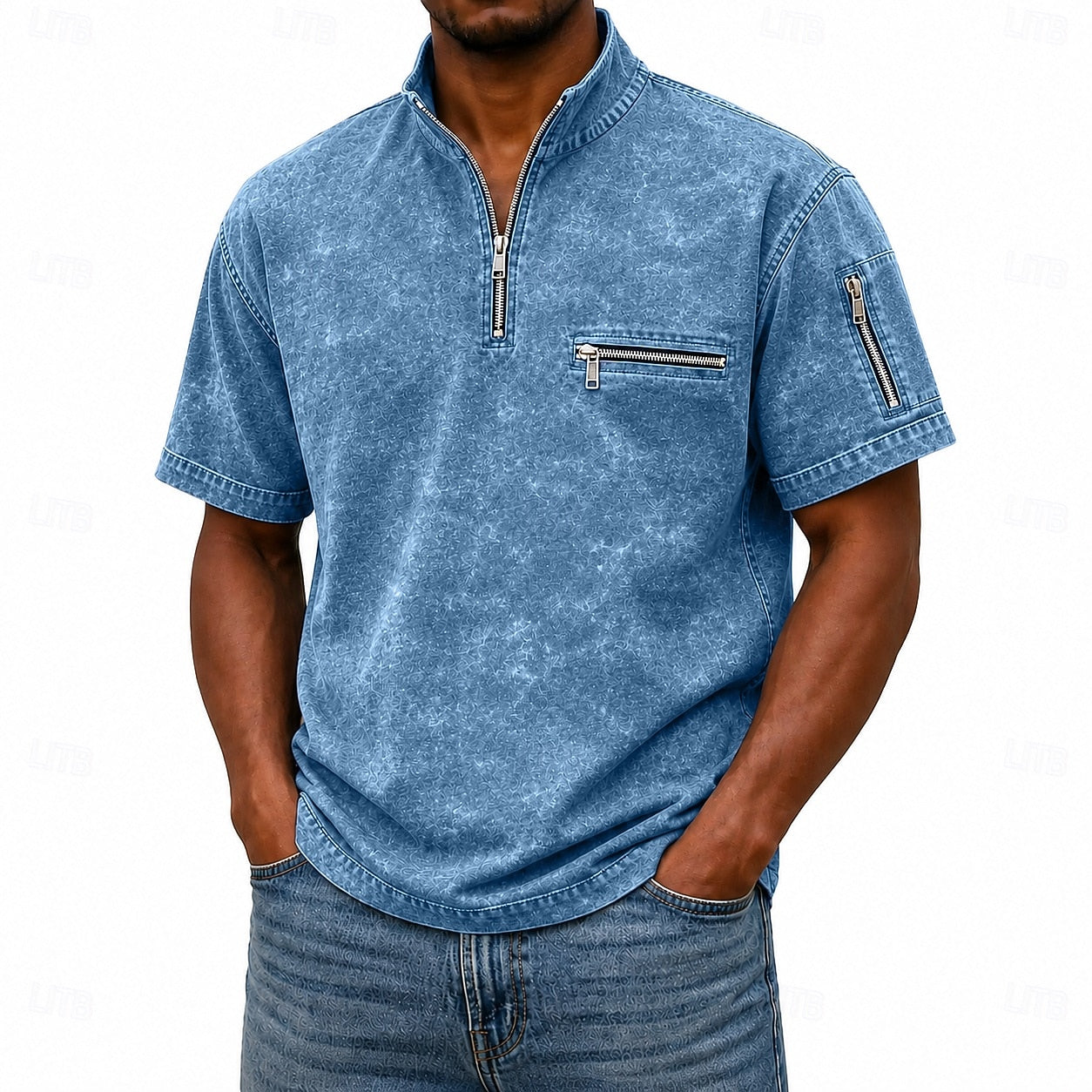 Men's Acid Wash Casual Work Quarter Zip Polo Shirts