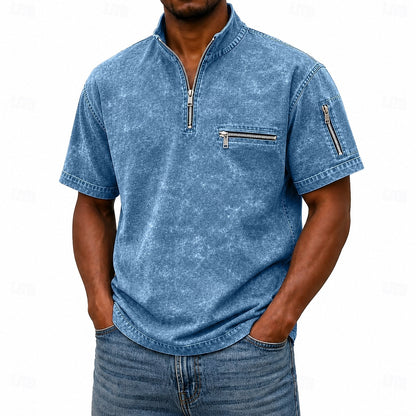 Men's Acid Wash Casual Work Quarter Zip Polo Shirts