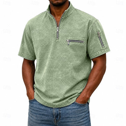Men's Acid Wash Casual Work Quarter Zip Polo Shirts