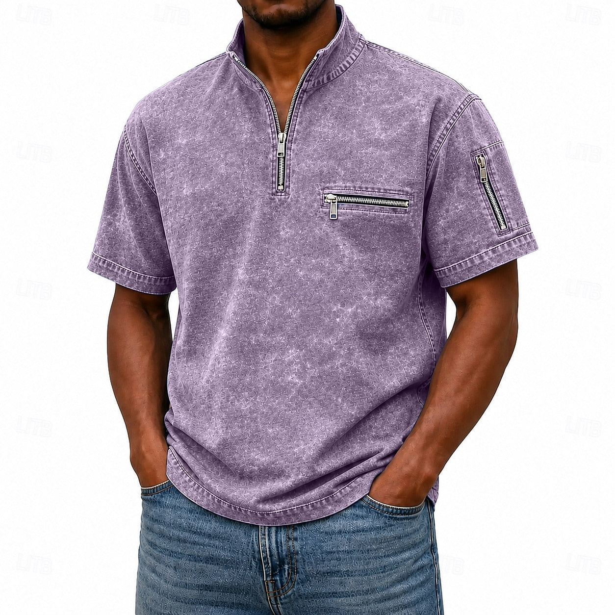 Men's Acid Wash Casual Work Quarter Zip Polo Shirts