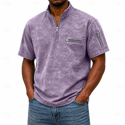 Men's Acid Wash Casual Work Quarter Zip Polo Shirts