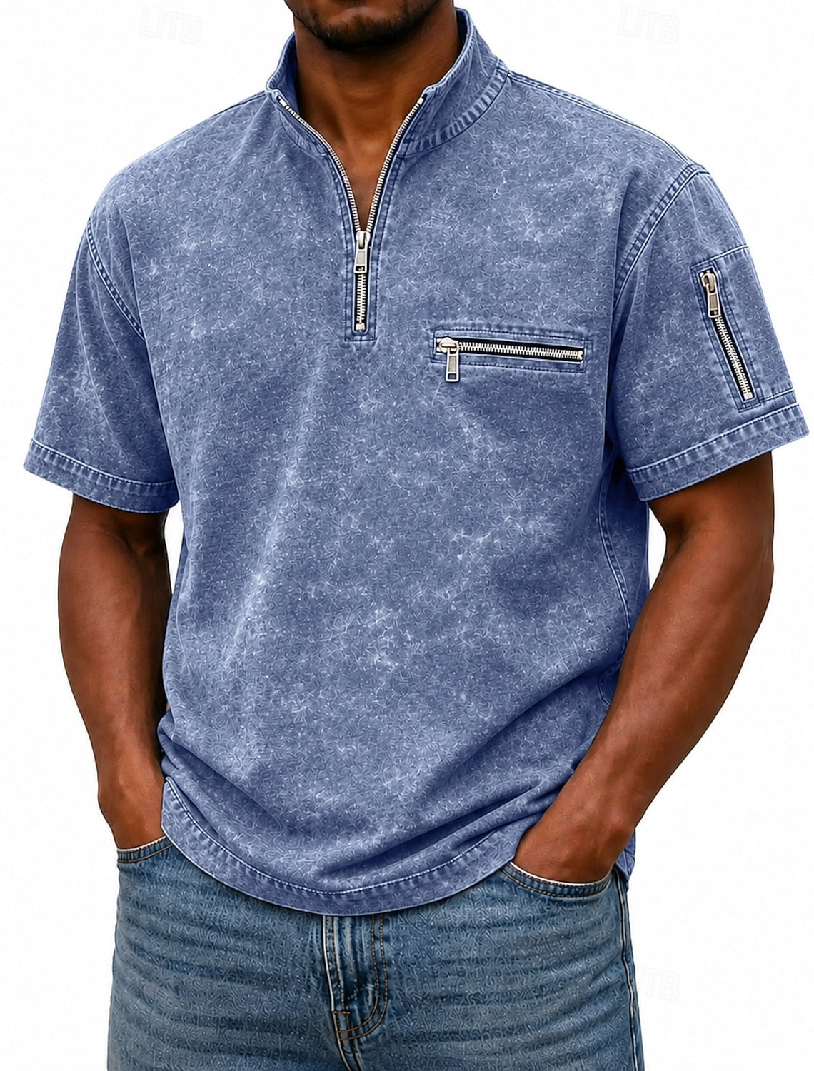 Men's Acid Wash Casual Work Quarter Zip Polo Shirts