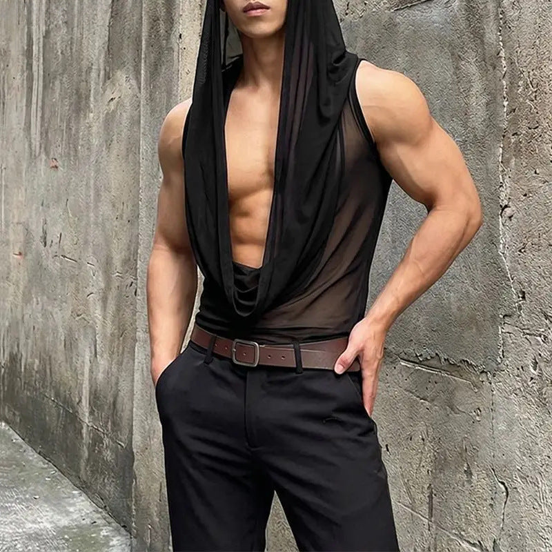 Men Tank Tops Mesh See Through Solid Color Vests
