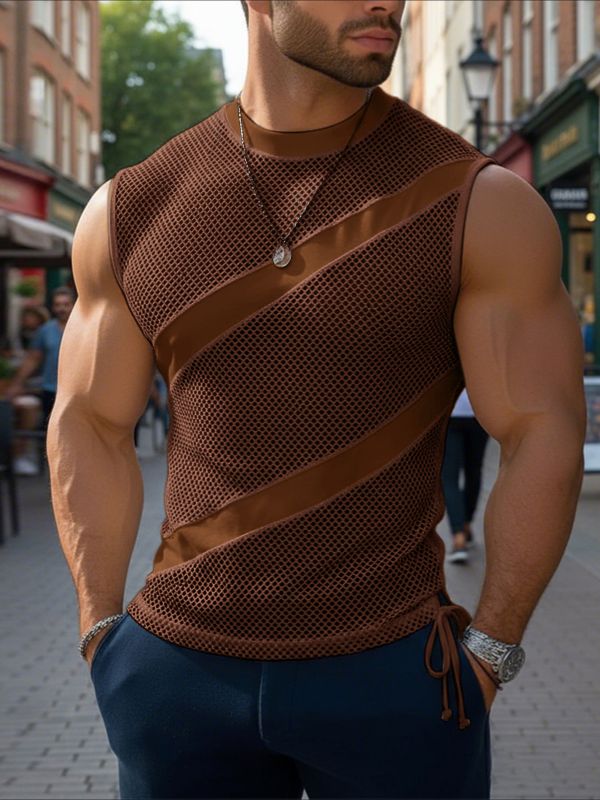 Men's Sheer Mesh Patchwork Side Tie Tank