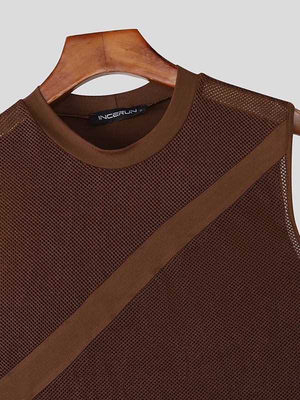 Men's Sheer Mesh Patchwork Side Tie Tank