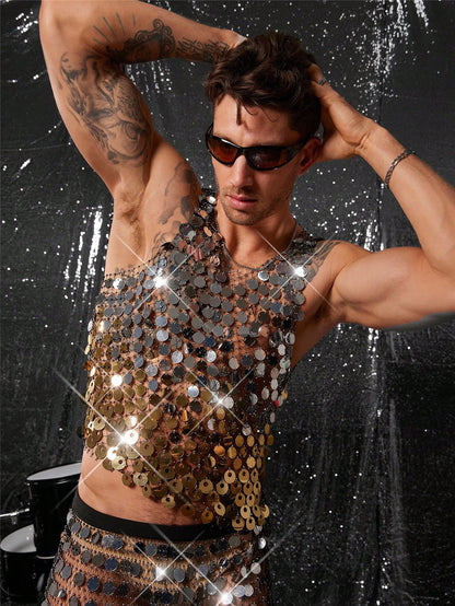 Sparkling Rhinestone Sexy Men's Hollow Out Tank Top