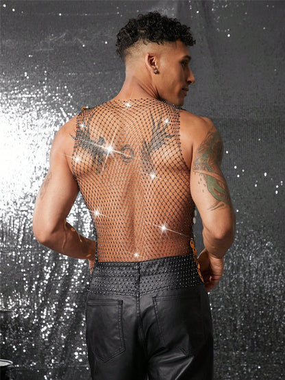Sparkling Rhinestone Sexy Men's Hollow Out Tank Top