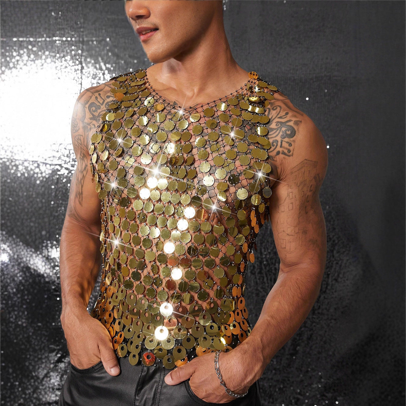Sparkling Rhinestone Sexy Men's Hollow Out Tank Top