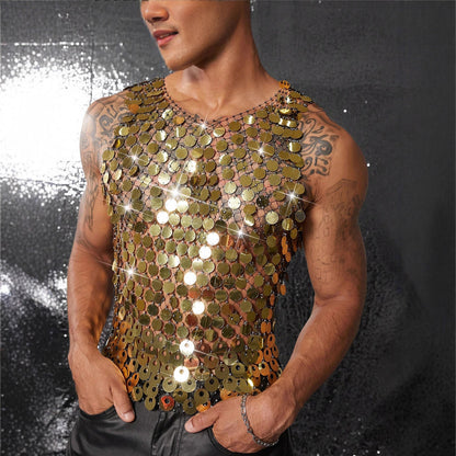 Sparkling Rhinestone Sexy Men's Hollow Out Tank Top