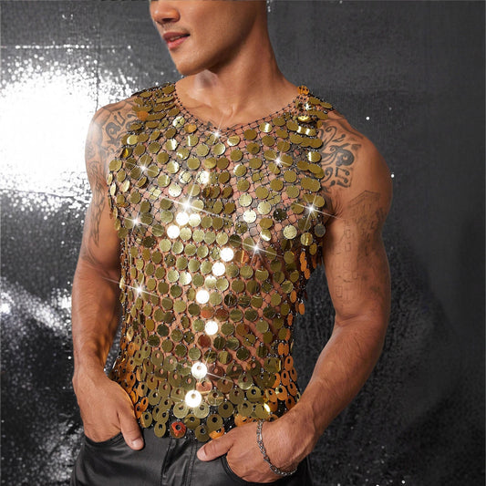 Sparkling Rhinestone Sexy Men's Hollow Out Tank Top