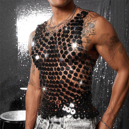 Sparkling Rhinestone Sexy Men's Hollow Out Tank Top