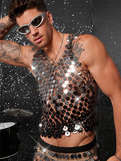 Sparkling Rhinestone Sexy Men's Hollow Out Tank Top