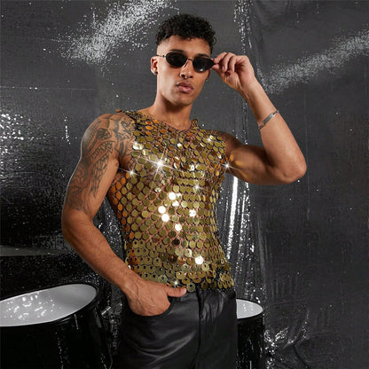 Sparkling Rhinestone Sexy Men's Hollow Out Tank Top