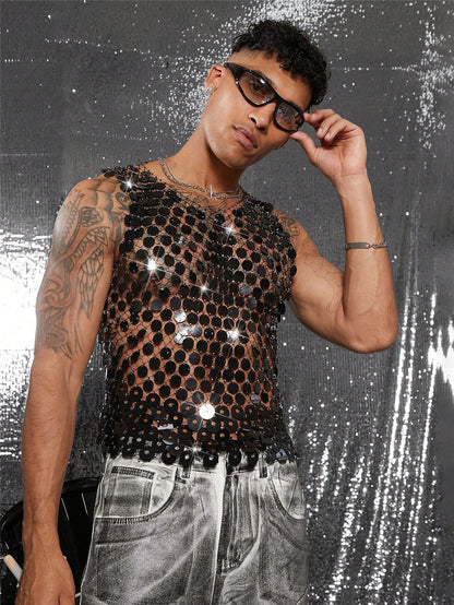 Sparkling Rhinestone Sexy Men's Hollow Out Tank Top