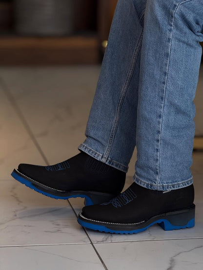 Black Suede Western Cowboy Ankle Boots - Square Toe