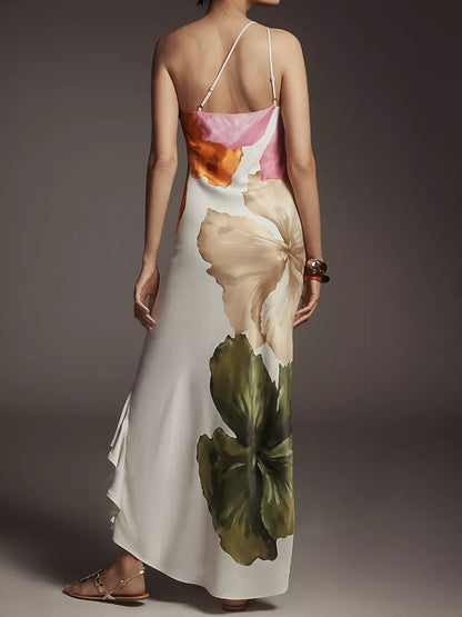 One-Shoulder Asymmetric Floral Maxi Dress