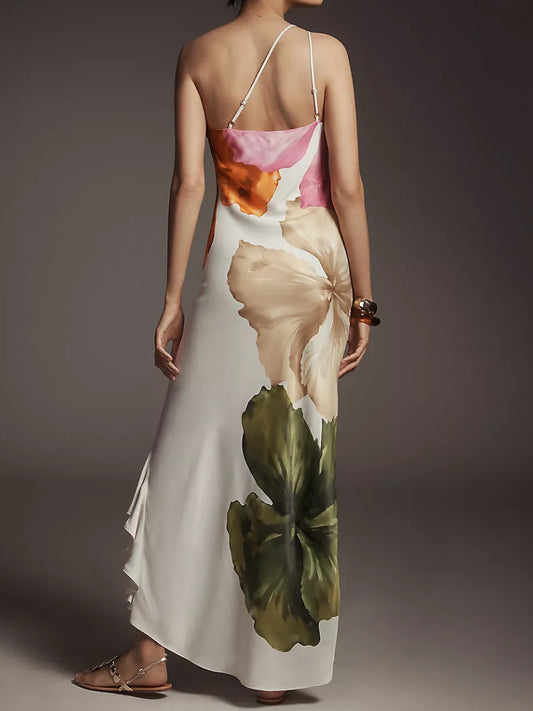 One-Shoulder Asymmetric Floral Maxi Dress