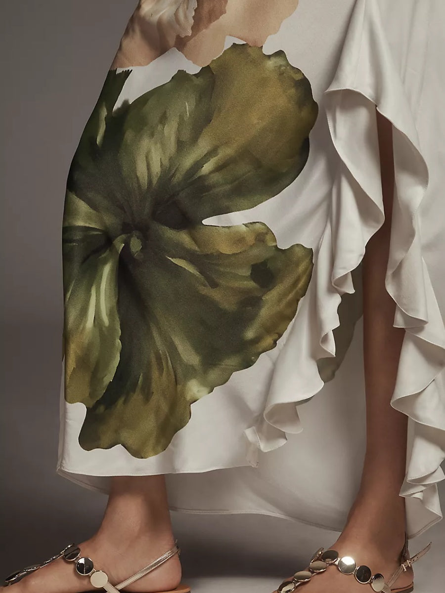 One-Shoulder Asymmetric Floral Maxi Dress
