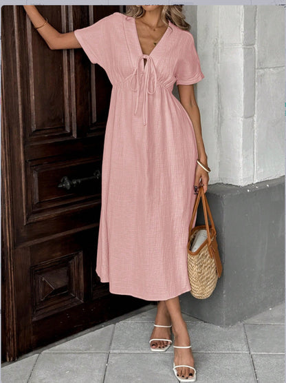 Solid Color V-Neck Cotton Dress