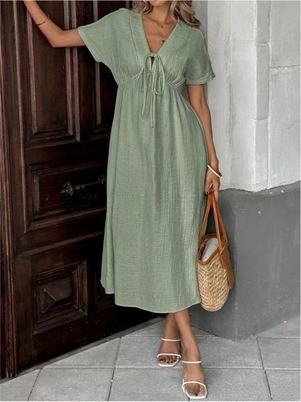 Solid Color V-Neck Cotton Dress
