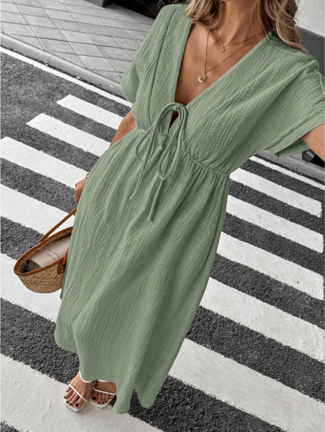Solid Color V-Neck Cotton Dress