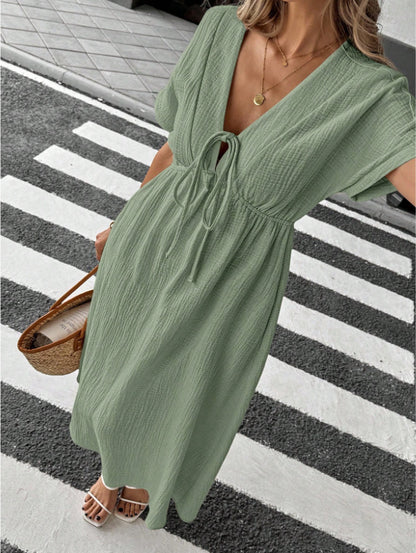 Solid Color V-Neck Cotton Dress