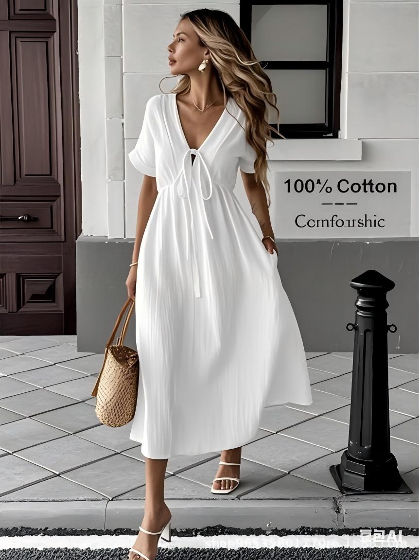 Solid Color V-Neck Cotton Dress