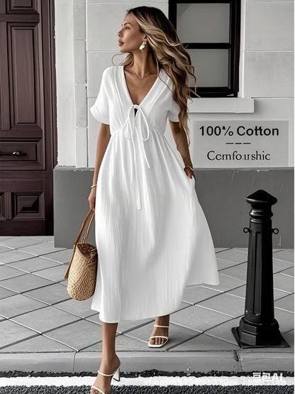 Solid Color V-Neck Cotton Dress