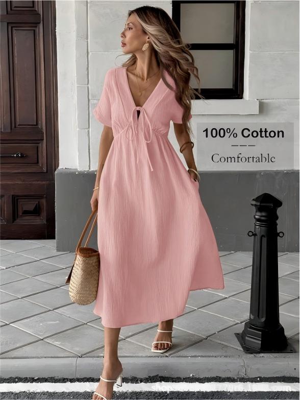 Solid Color V-Neck Cotton Dress