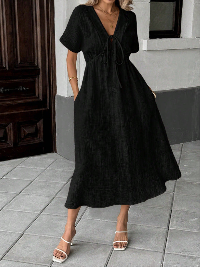 Solid Color V-Neck Cotton Dress