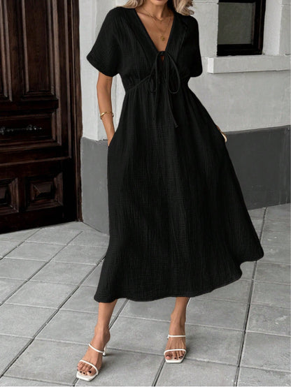 Solid Color V-Neck Cotton Dress