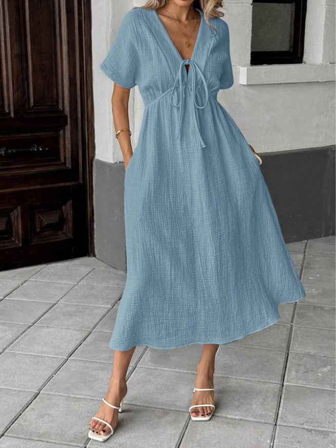 Solid Color V-Neck Cotton Dress