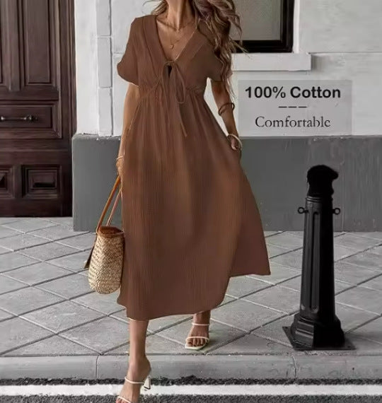 Solid Color V-Neck Cotton Dress