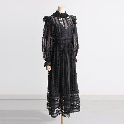 Lapel lantern sleeves embroidered hollow solid color dress