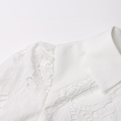 Stand Collar Long Sleeve Suspender Lined Mesh Hollow Dress